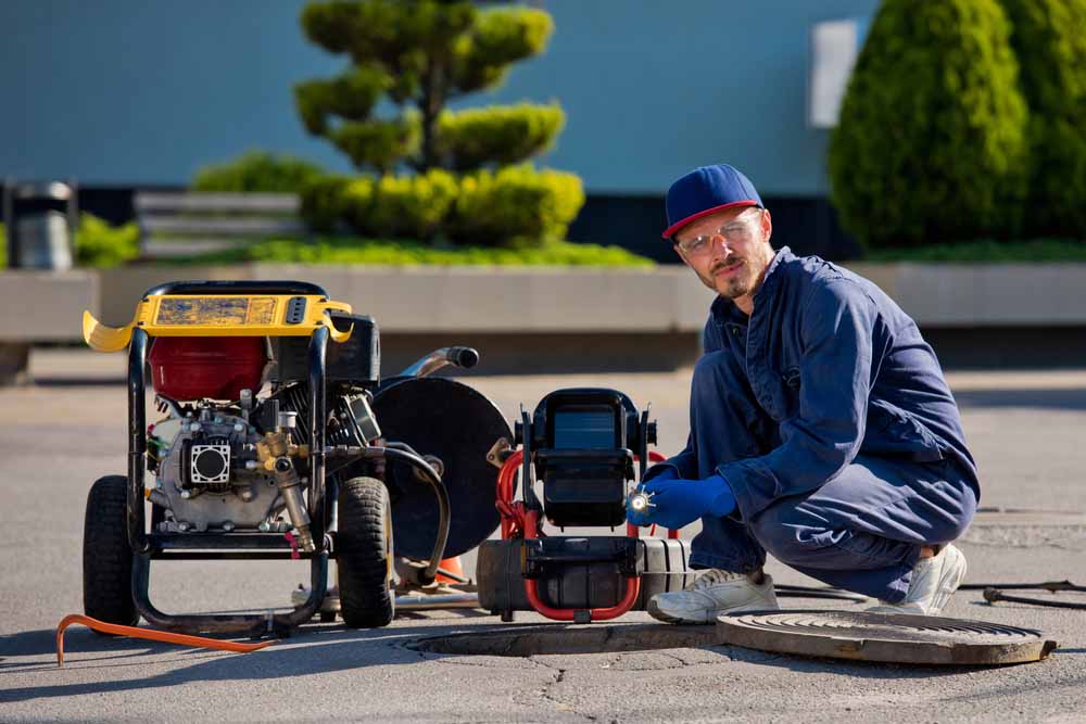 The plumber with portable camera for pipe inspection and other plumbing work.