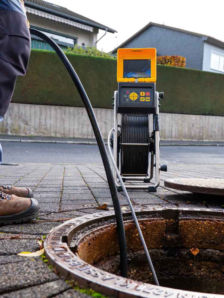 A drain cleaning company checks a blocked drain with a camera before flushing it out