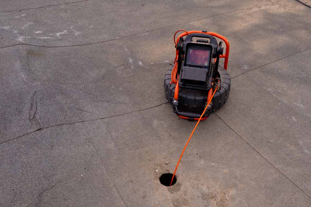 technician inserting camera inspection equipment into a sewer cleanout