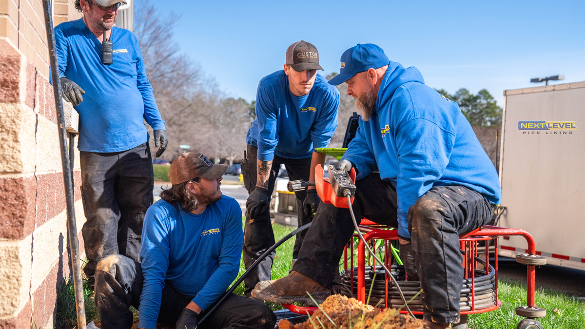 Four Next Level Pipe Lining technicians in uniform using specialized trenchless equipment outside of a commercial building