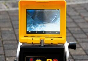 technician looking at sewer camera inspection footage