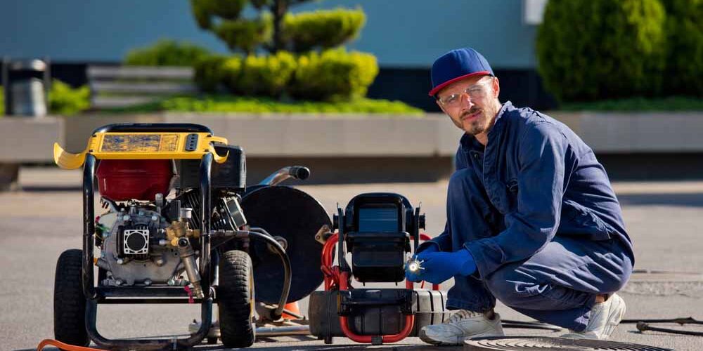 The plumber with portable camera for pipe inspection and other plumbing work.